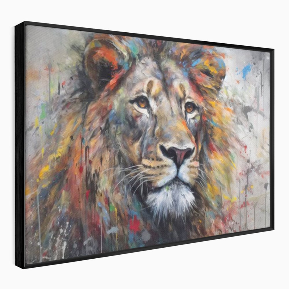 Tablou canvas cu tablou canvas cu leu colorat, in rama de aluminiu negru